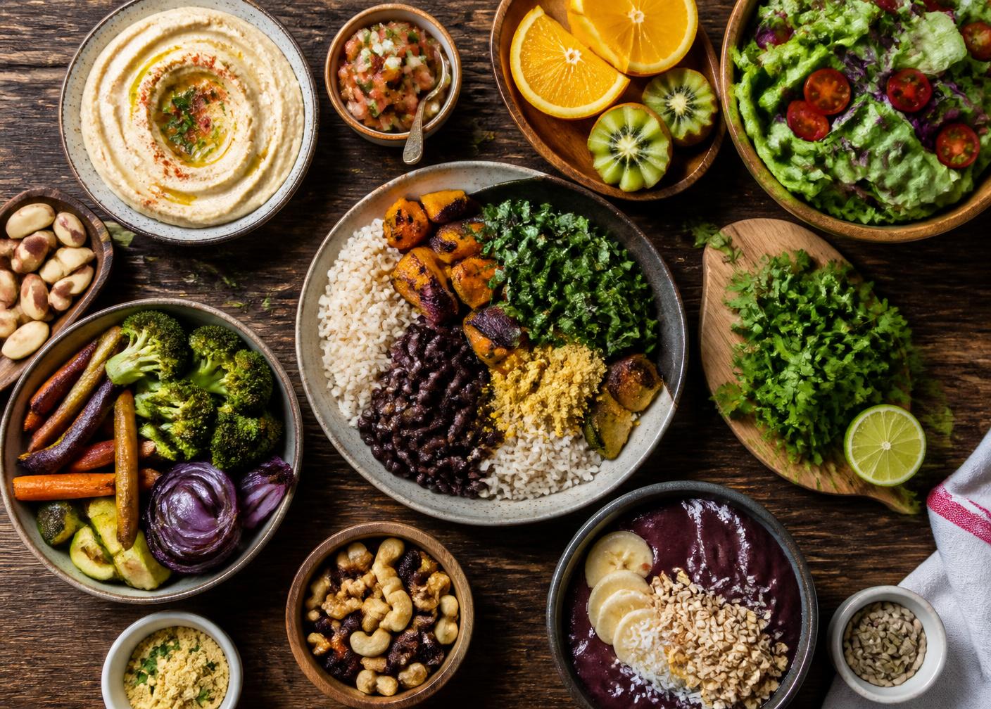 Mesa com pratos veganos: arroz, feijão, legumes assados, frutas, castanhas e saladas