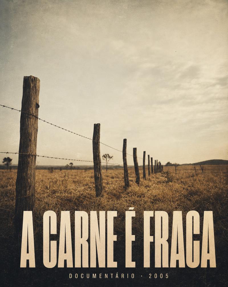 Capa do documentário A Carne é Fraca: pastagem seca com cerca de arame