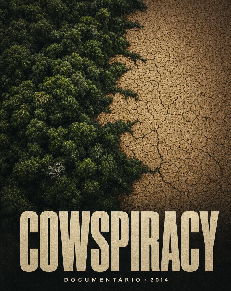 Capa do documentário Cowspiracy: floresta densa ao lado de solo rachado