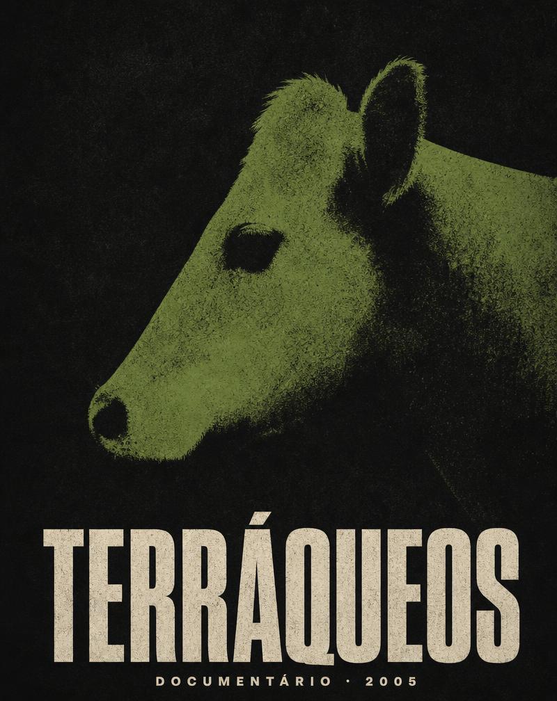 Capa do documentário Terráqueos: silhueta verde de uma vaca sobre fundo escuro