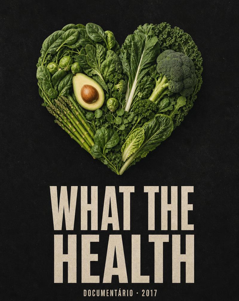Capa do documentário What The Health: coração formado por folhas e vegetais